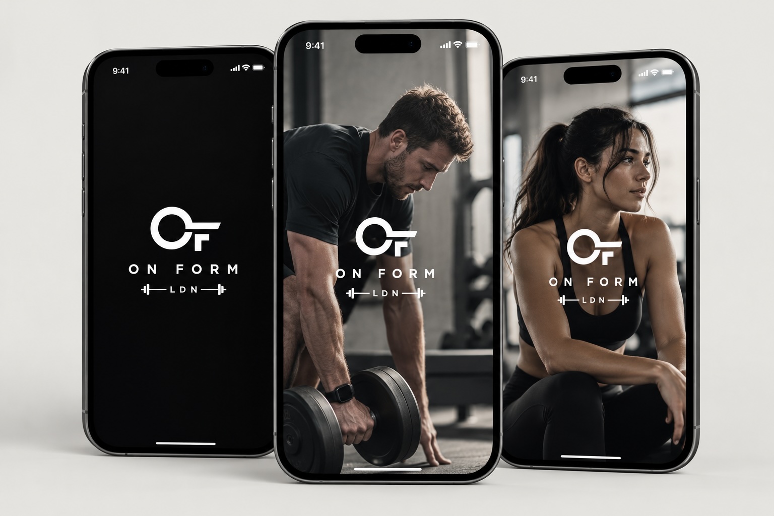 The On Form LDN coaching app on three phones, showing the branded splash screens