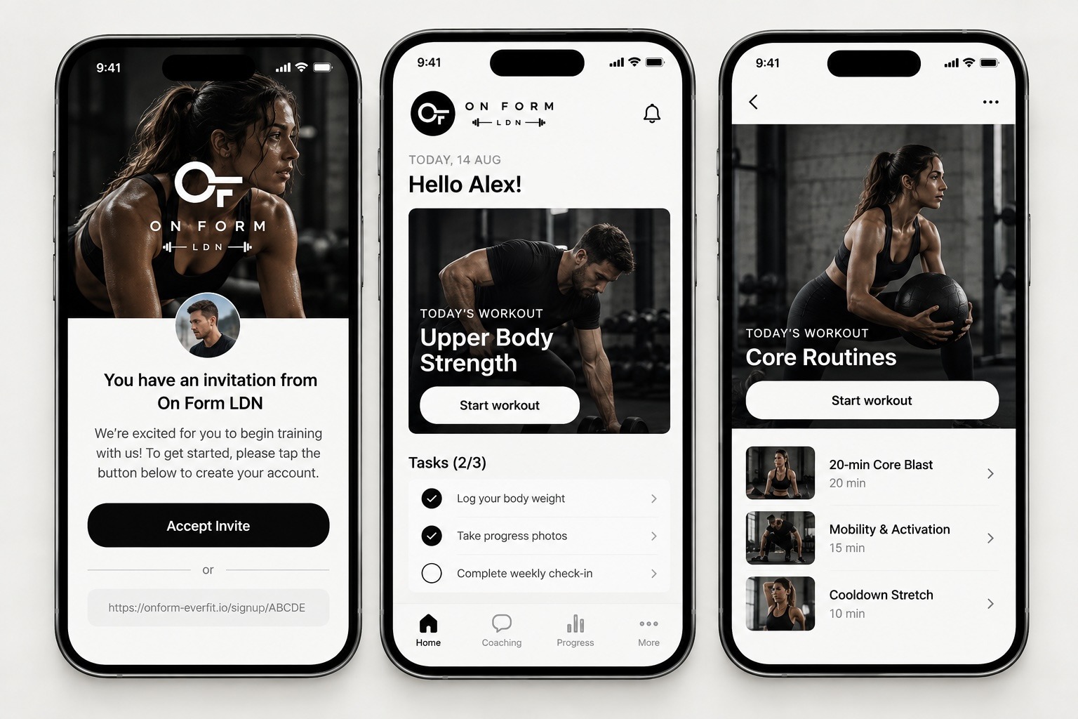 The On Form LDN coaching app showing the invitation, today's workout, tasks and exercise list screens