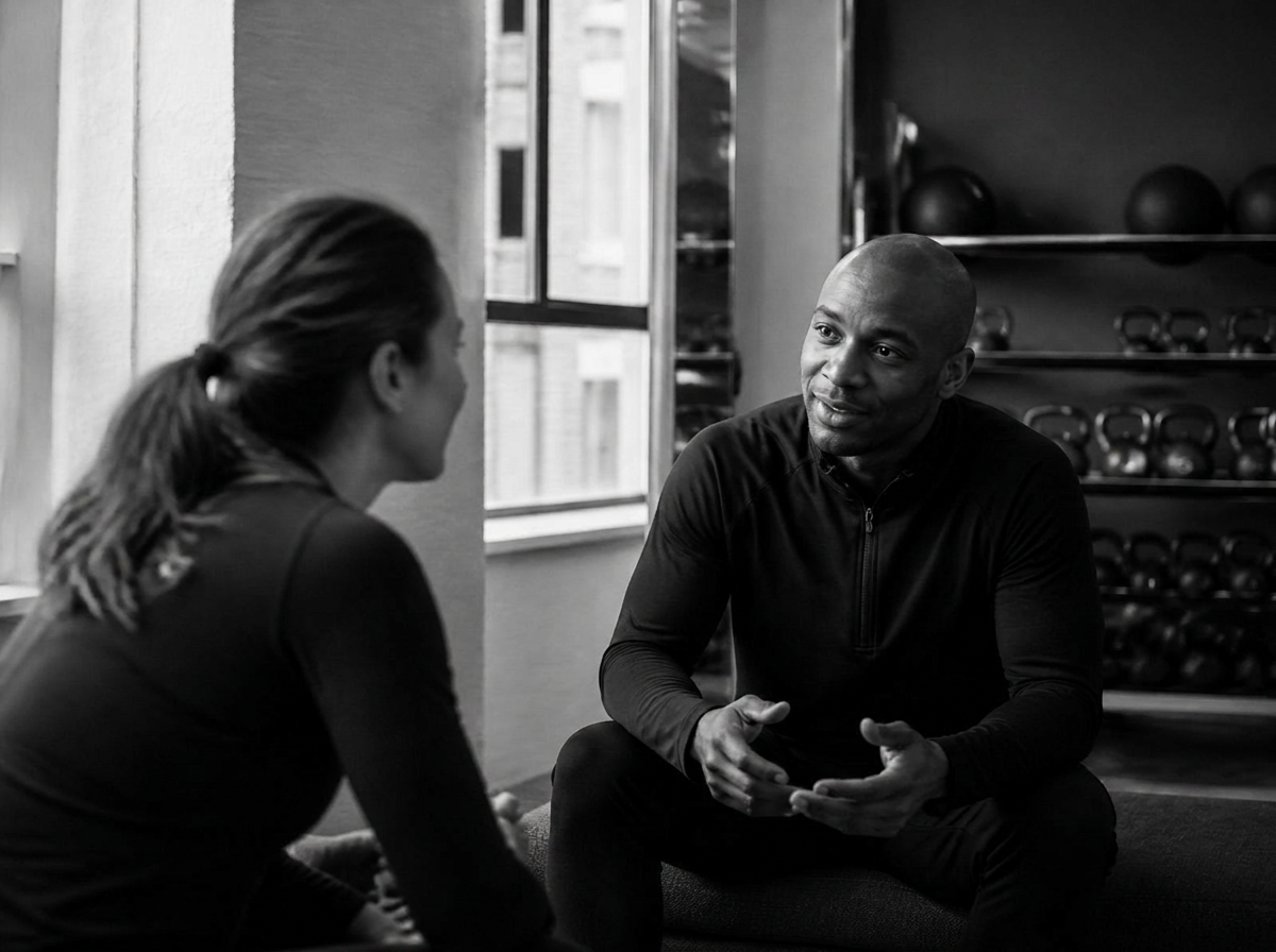 Coach and beginner client having a calm conversation before a training session