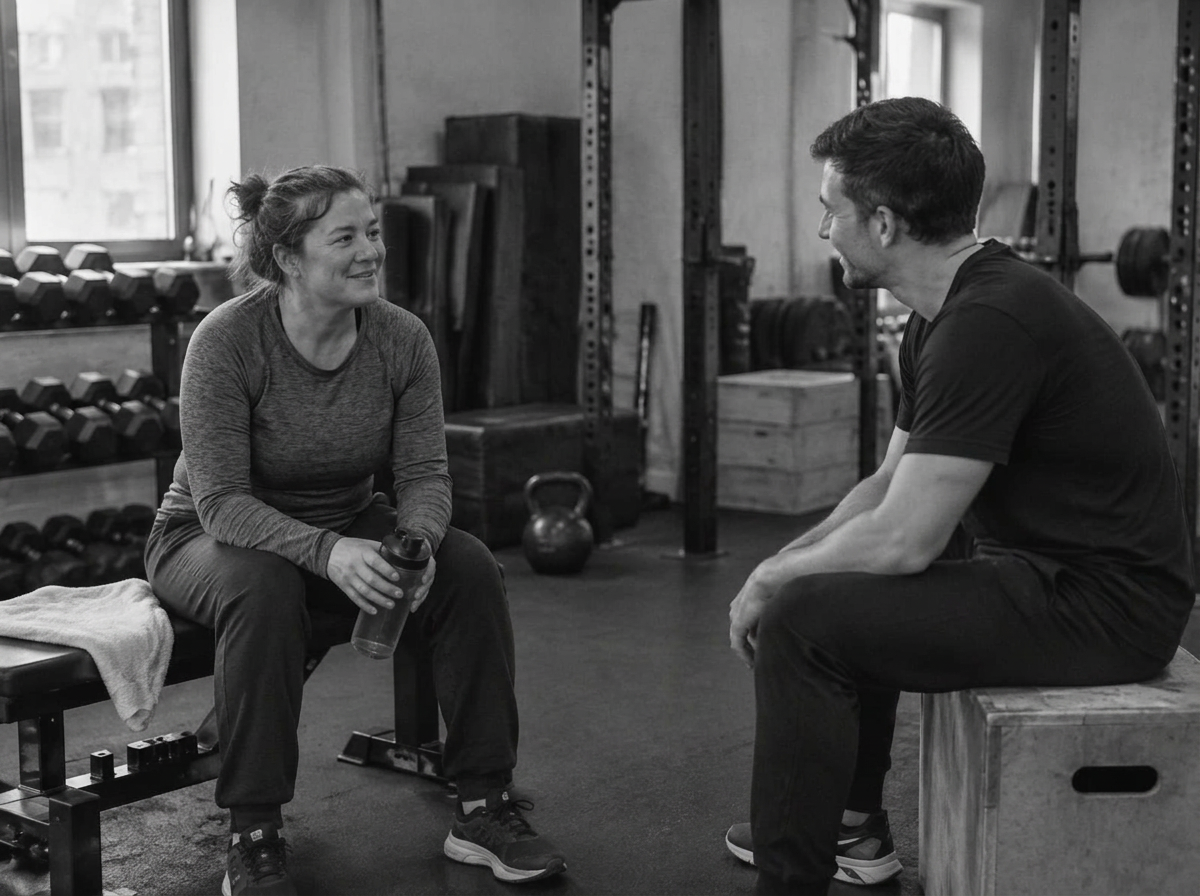 Beginner client and her coach sitting and chatting before a training session