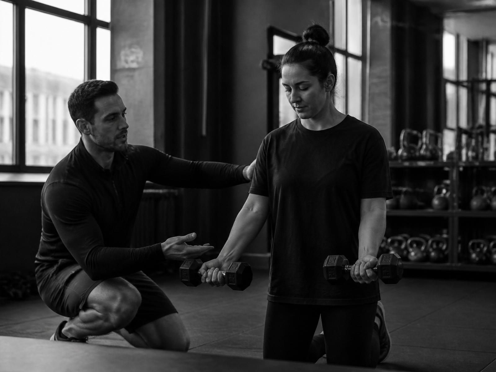 Coach teaching a beginner client correct dumbbell technique in a calm London gym