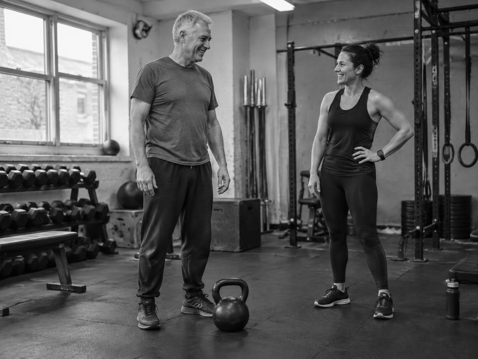 Client sharing a pleased moment with his coach after a kettlebell deadlift