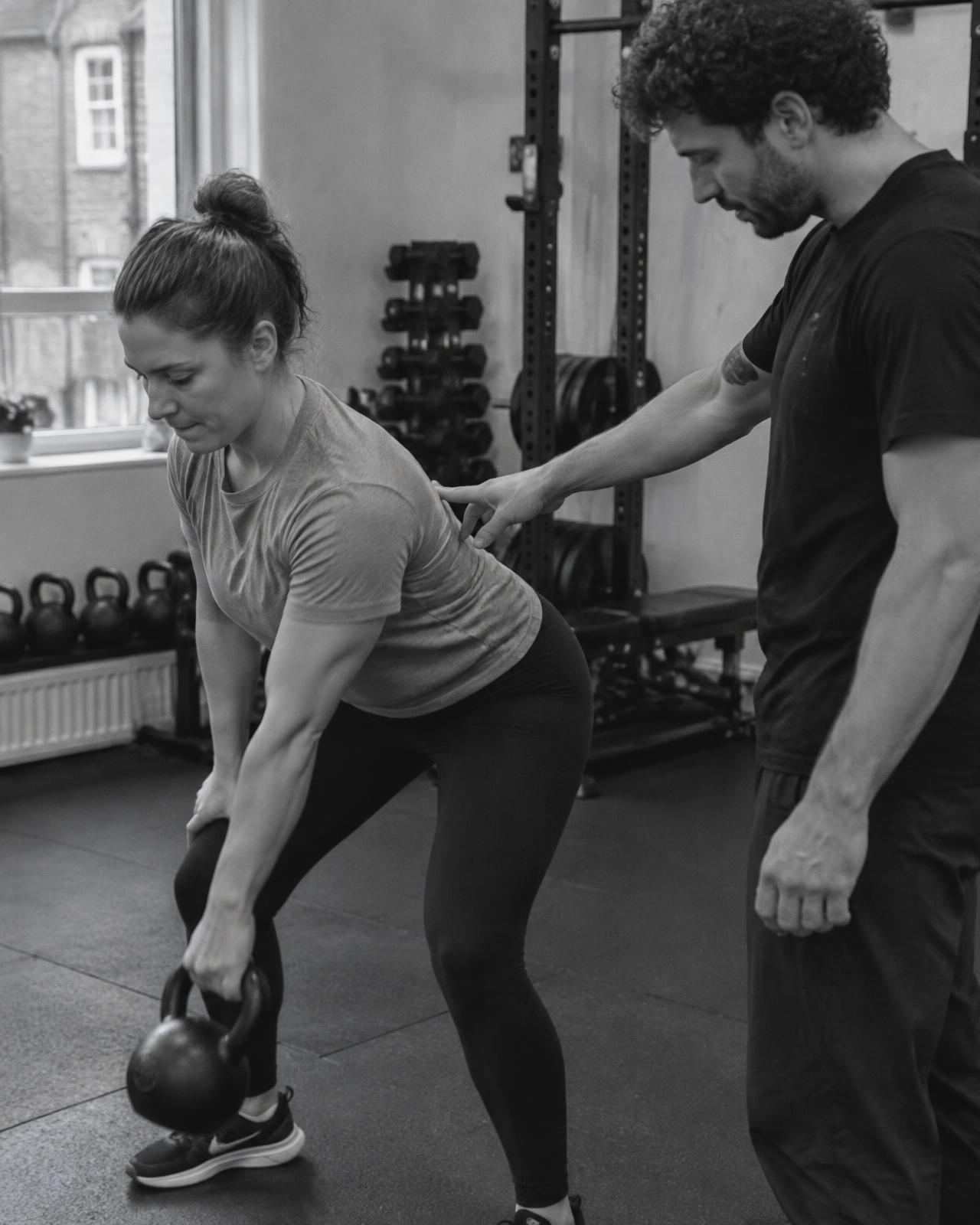Personal trainer giving a subtle posture cue during a kettlebell exercise