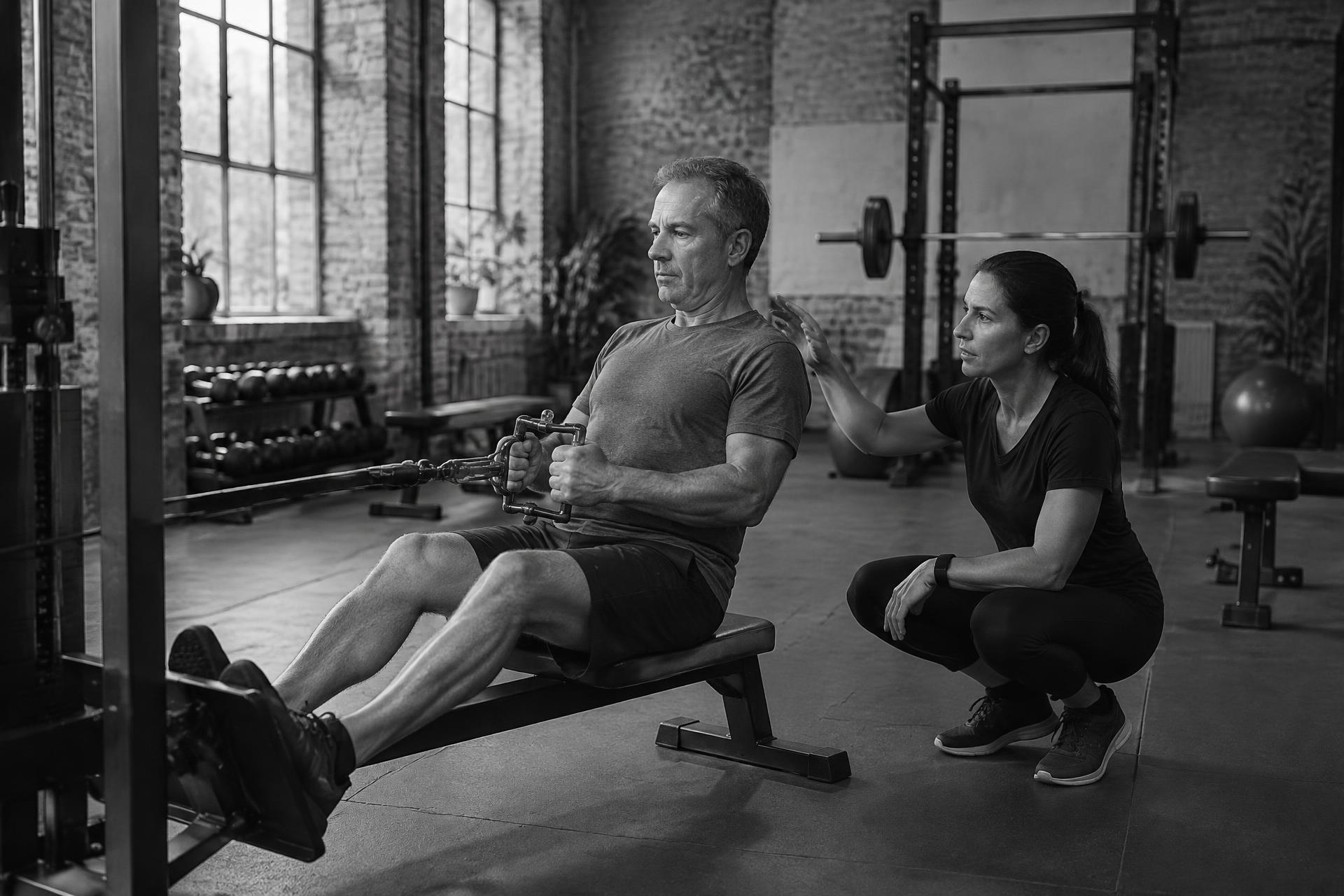 Personal trainer coaching a client through a seated cable row in a private training studio