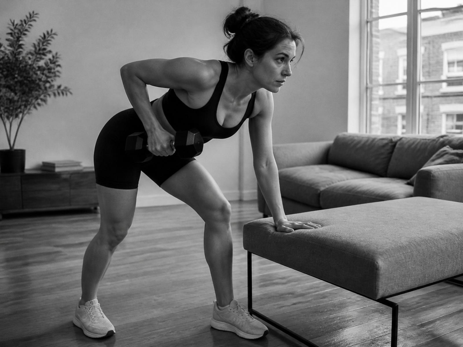 Online coaching client training independently with dumbbells at home in London
