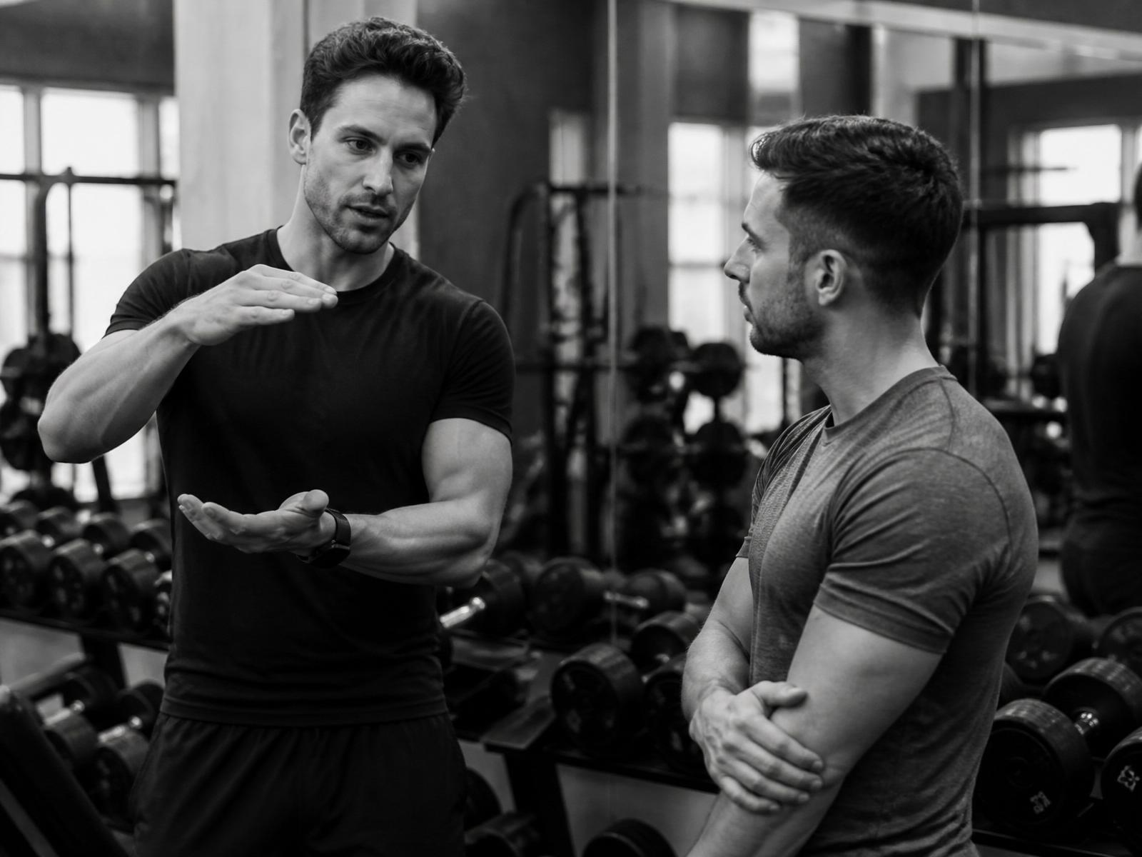 Coach demonstrating a movement pattern to a client between sets in a calm London gym