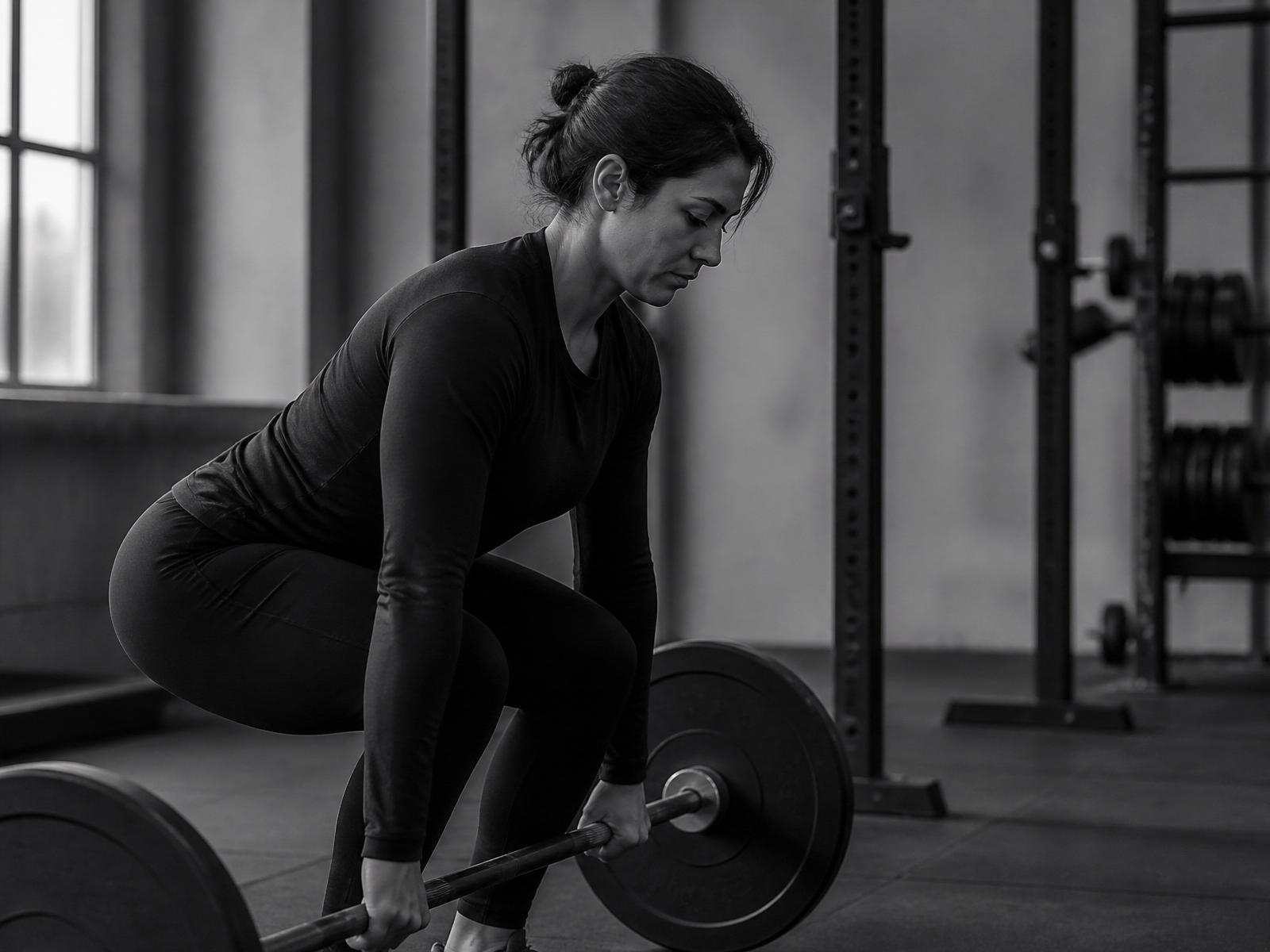 Adult client performing a controlled deadlift with calm focus and good form