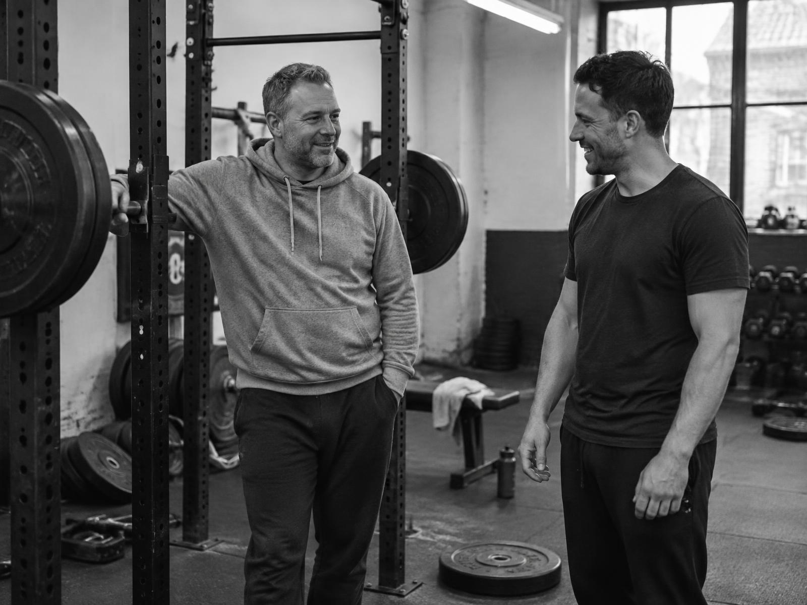 Coach and client chatting beside the squat rack between sets