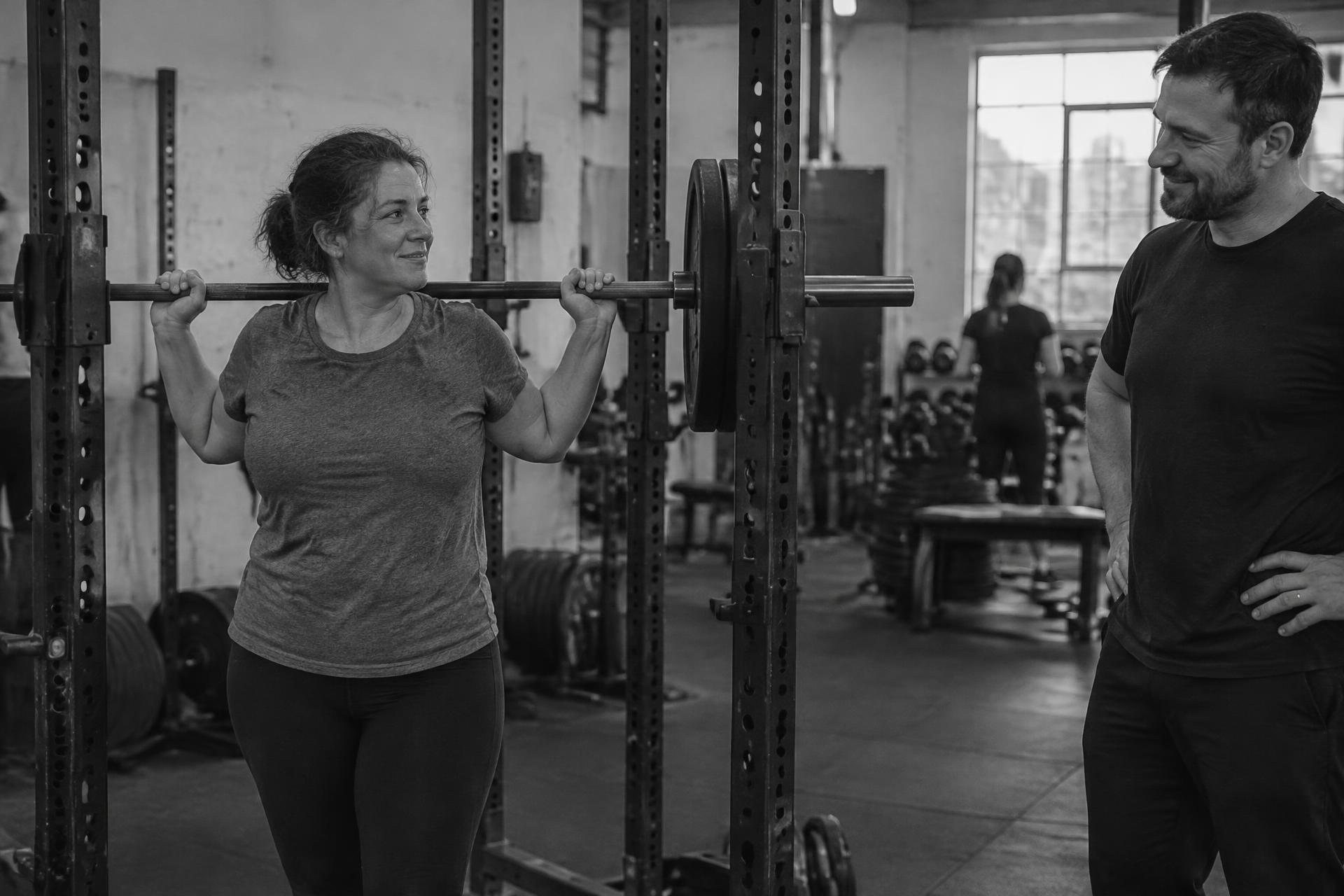 Client smiling at her coach after re-racking a barbell in a London gym