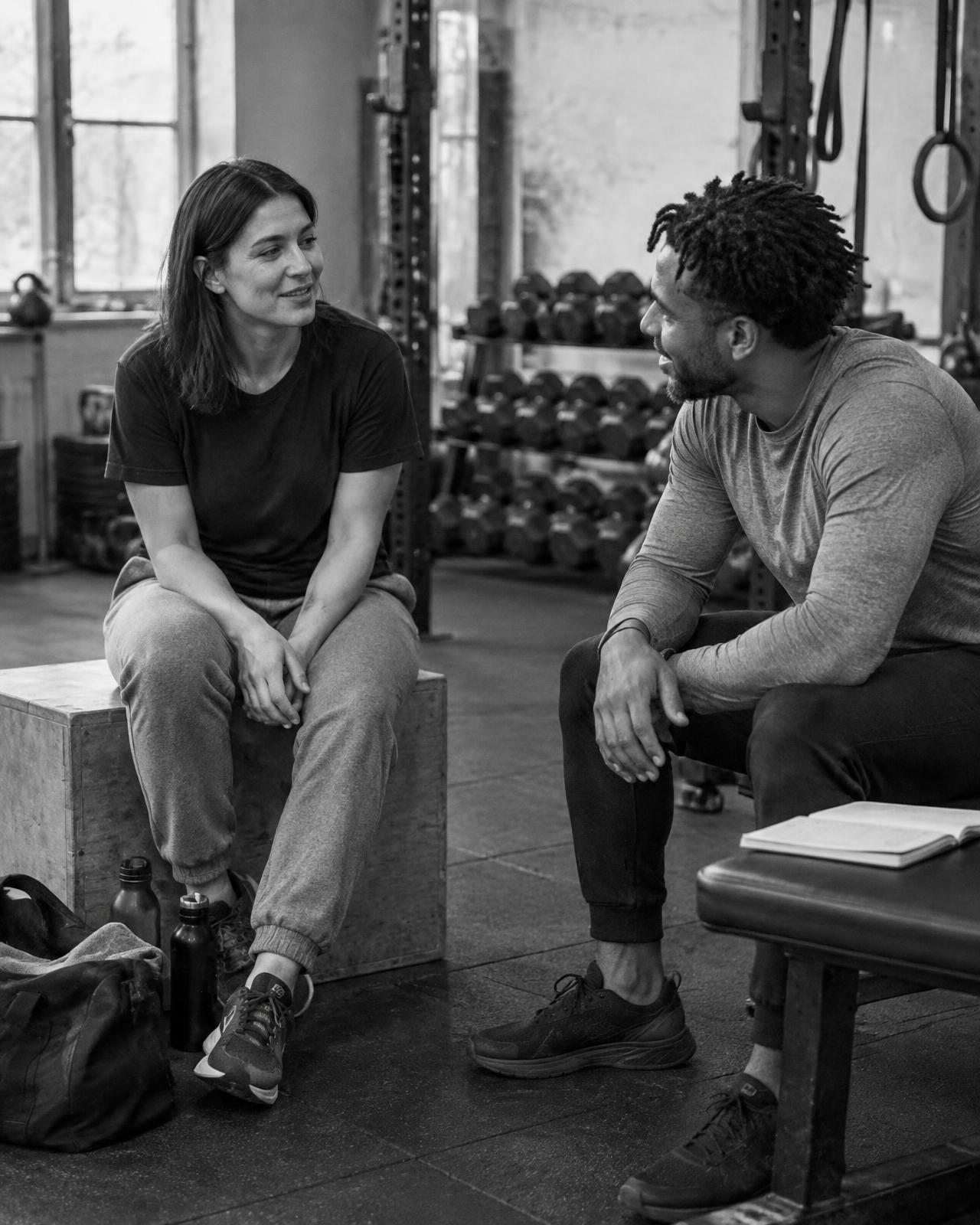Client and coach chatting on a box and bench before a session