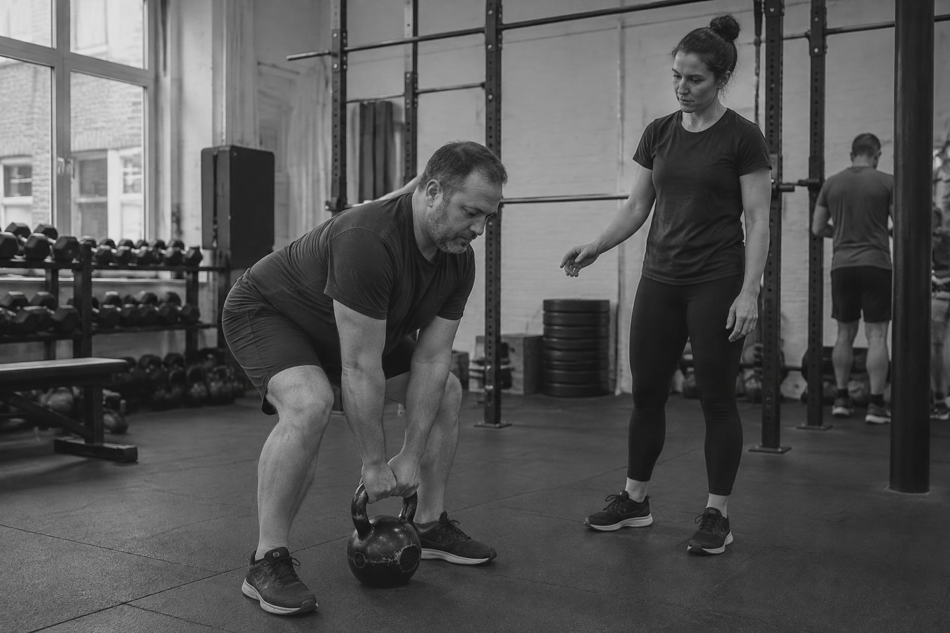 Personal trainer coaching a client through a kettlebell deadlift in a London gym