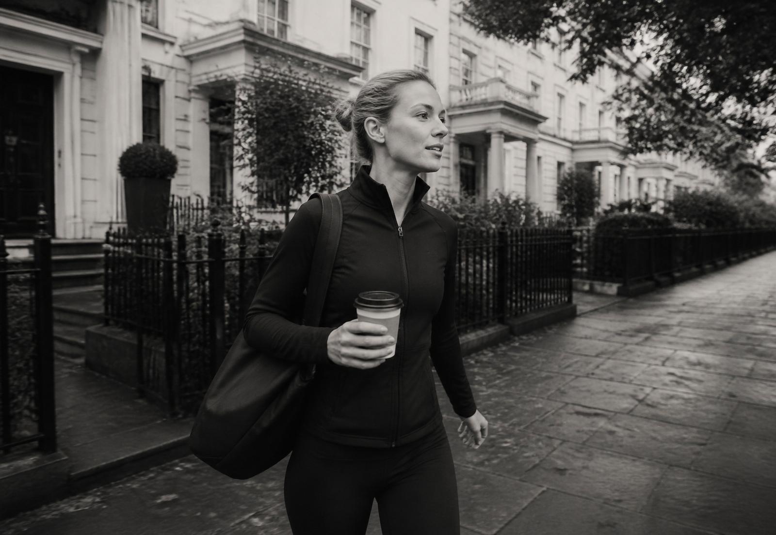 Woman walking through a London street in the morning with a coffee