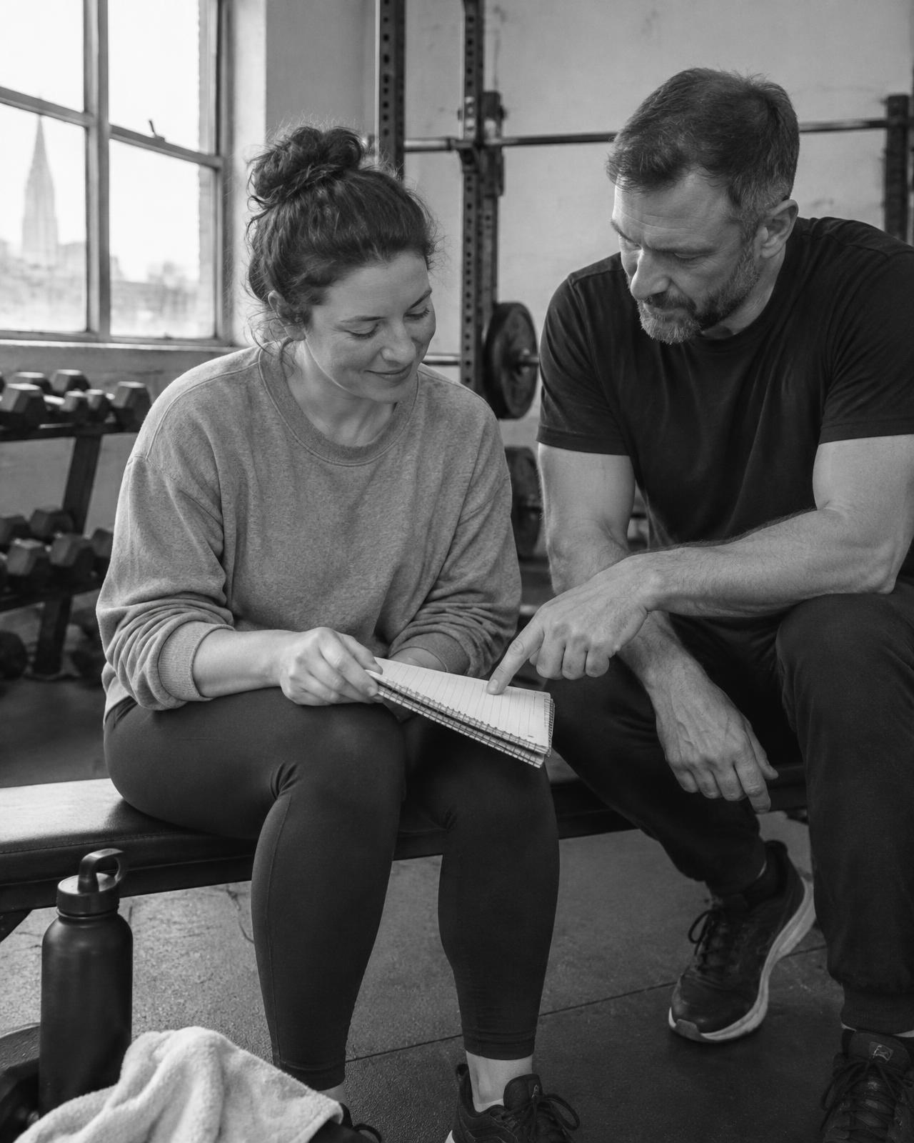 Coach and client reviewing a training log together after a session