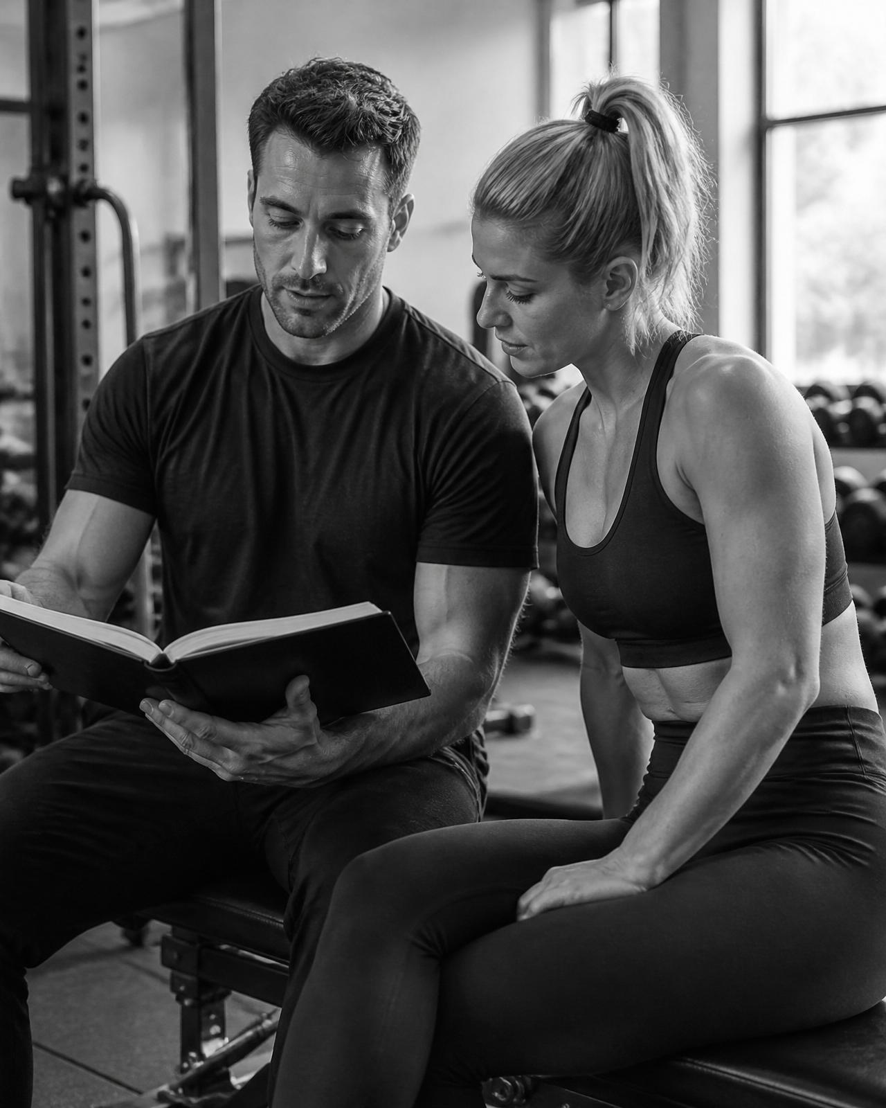 On Form LDN coach reviewing a training notebook with a client between sets